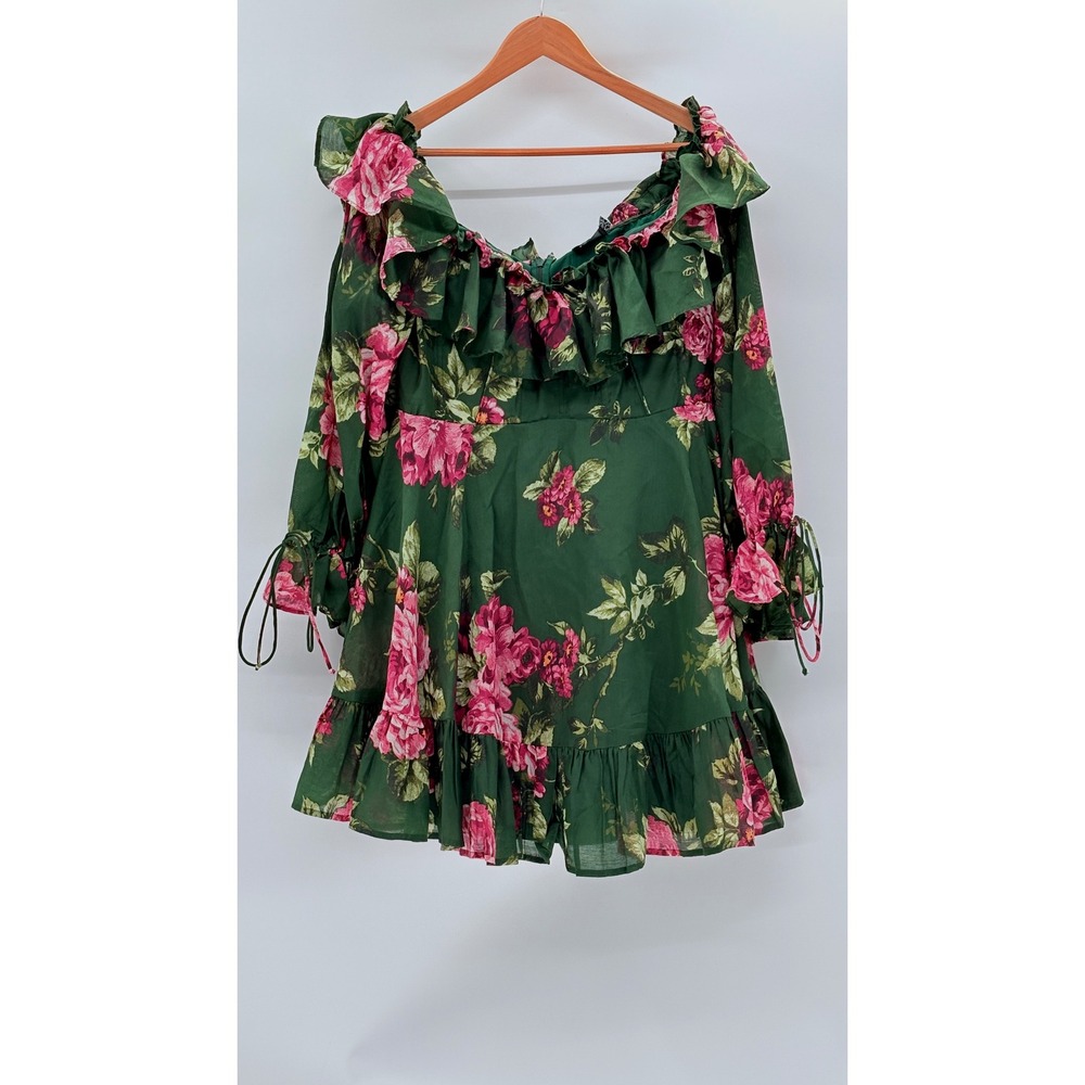 ASOS Design Curve Dress Floral Corset‎ Women 14 Green Cottagecore Ruffle New